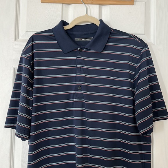 Greg Norman Mens Navy Stripe Golf Polo Size L - Picture 2 of 3